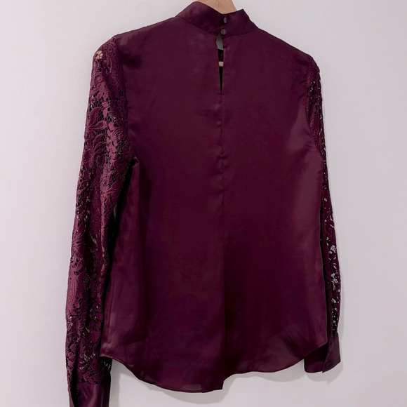 Woman’s Lace Sleeve Mock Neck Plum/Burgundy Blouse Small - Picture 2 of 4